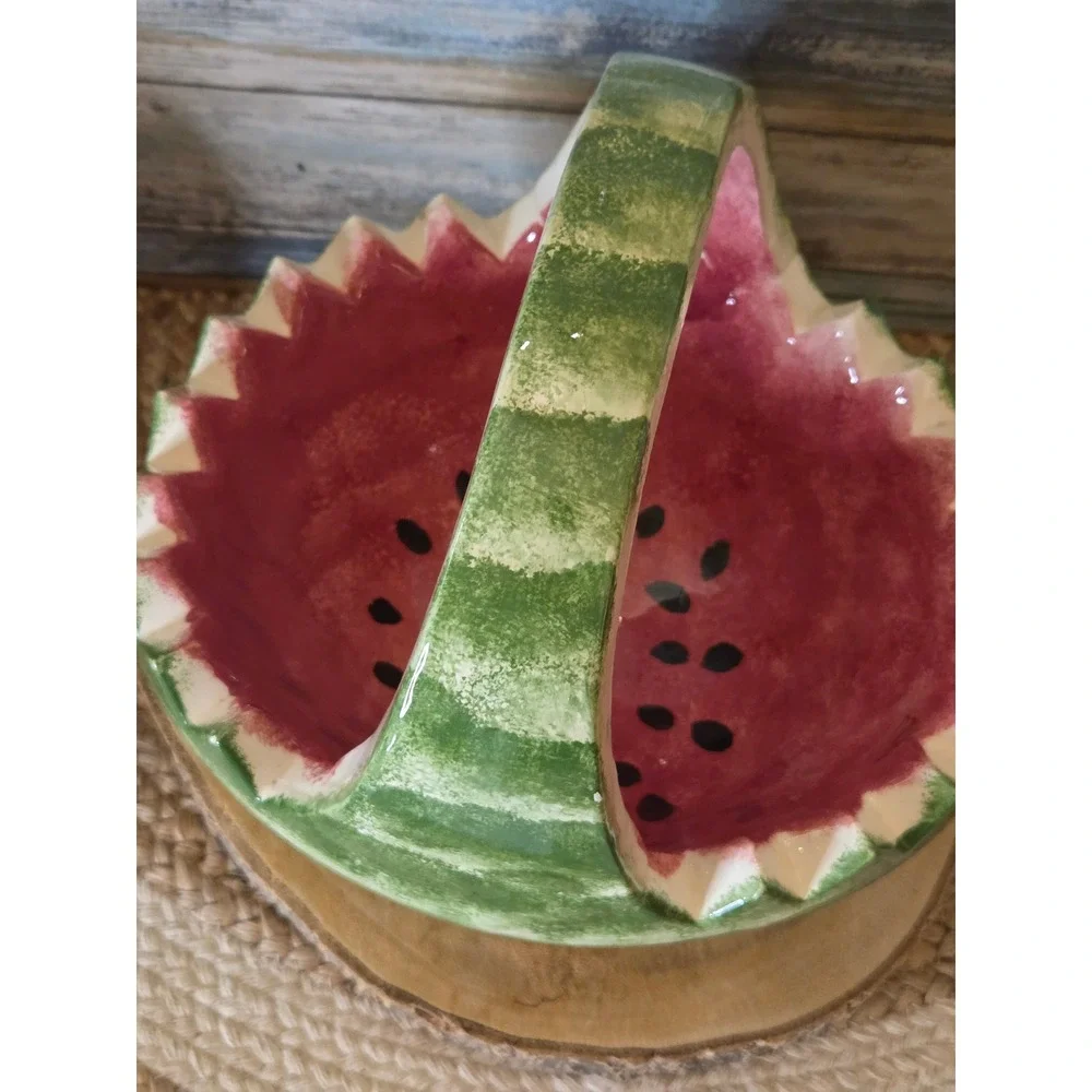 Vtg Watermelon Ceramic Basket Hand Painted Fruit Bowl Sawtooth Rim Summer Decor